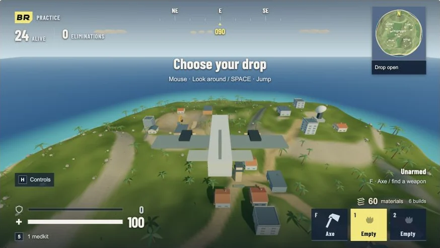 Browser Royale aircraft above the island, with the minimap and drop prompt visible.