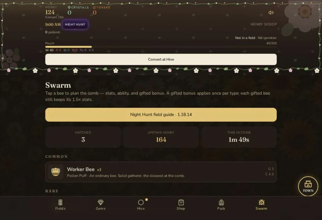 Combkeeper Swarm menu showing three Worker bees, honey, pollen and the field, hive and shop tabs.